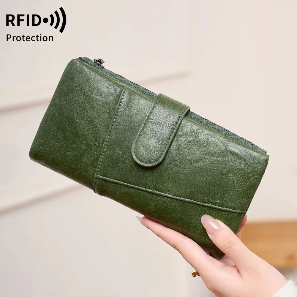 Retro RFID Anti-Theft Women's Wallet Large Capacity Credit Card Slots Clutch Bag Double Zipper Tri-fold Wallet Travel