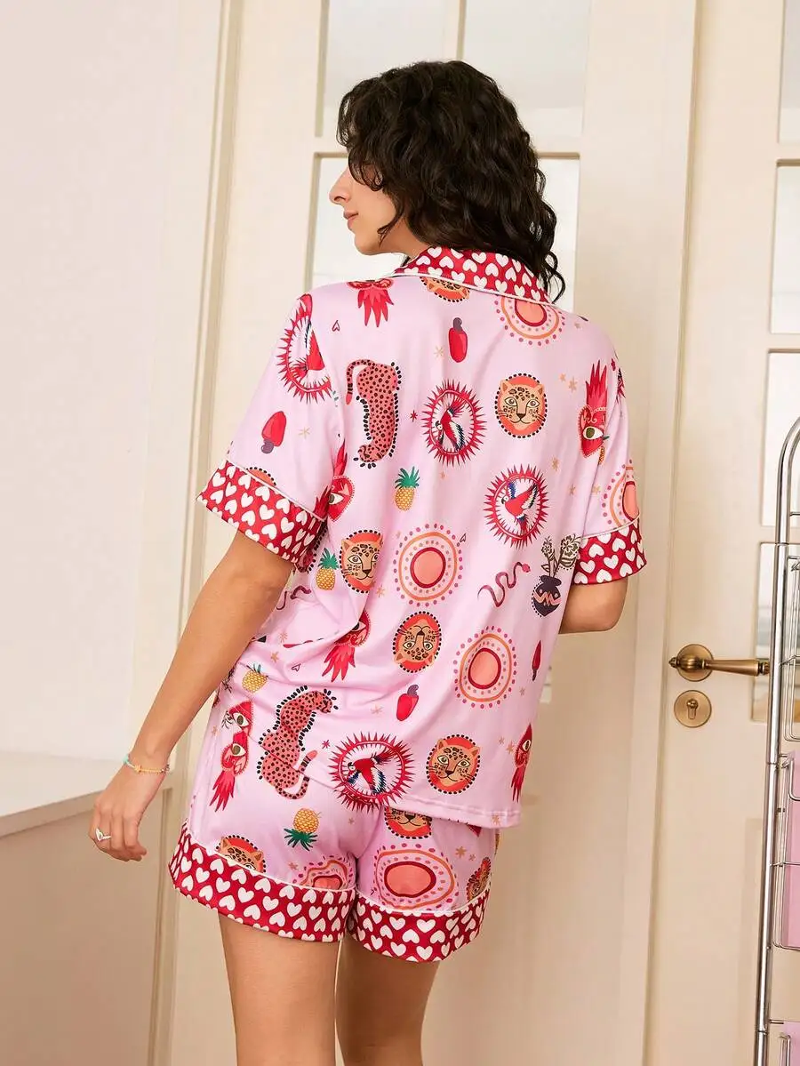 

Women Summer Pajama Set With Leopard Heart Cartoon Print Sleepwear Lounge Set