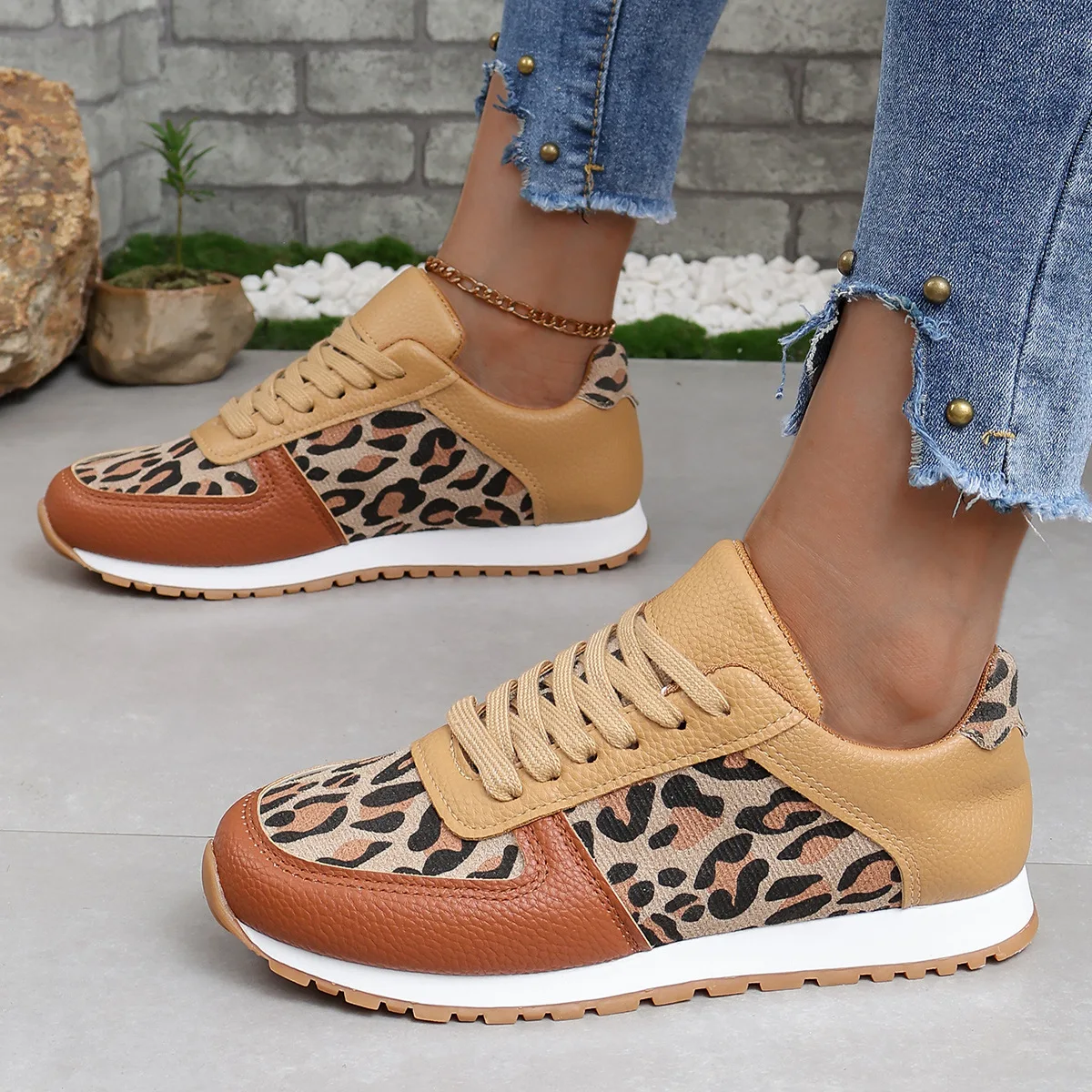 Luxury Leopard Print Womens Lace-up Color Blocked Flat Casual Shoes PU Leather Vulcanized Shoes for Women Flip Sneakers