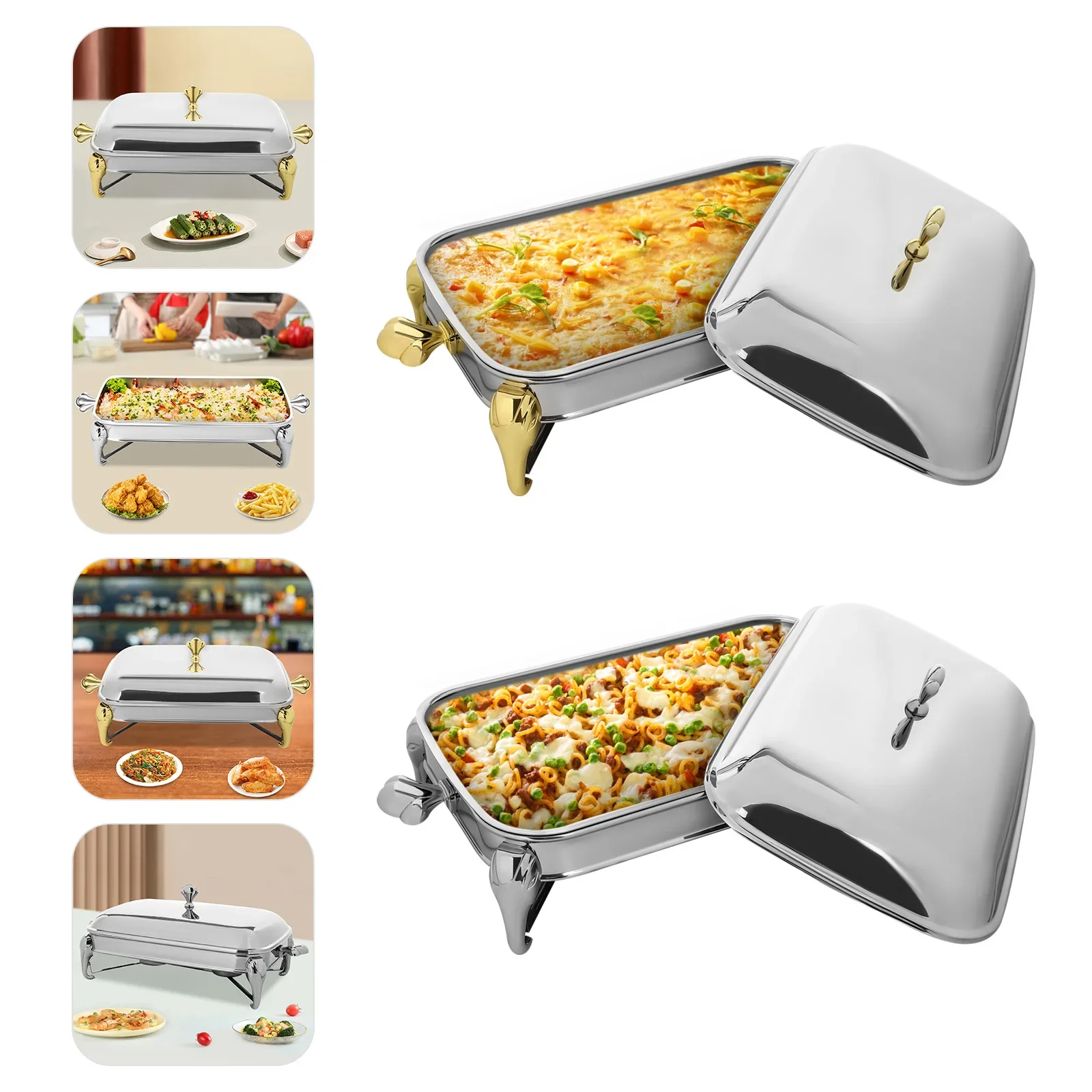 

Набор жаровни из нержавеющей стали, шведский стол, 2,9 л, безопасный подогреватель еды в духовке со стеклянной крышкой для вечеринки, общественного питания, золотого, серебряного цвета