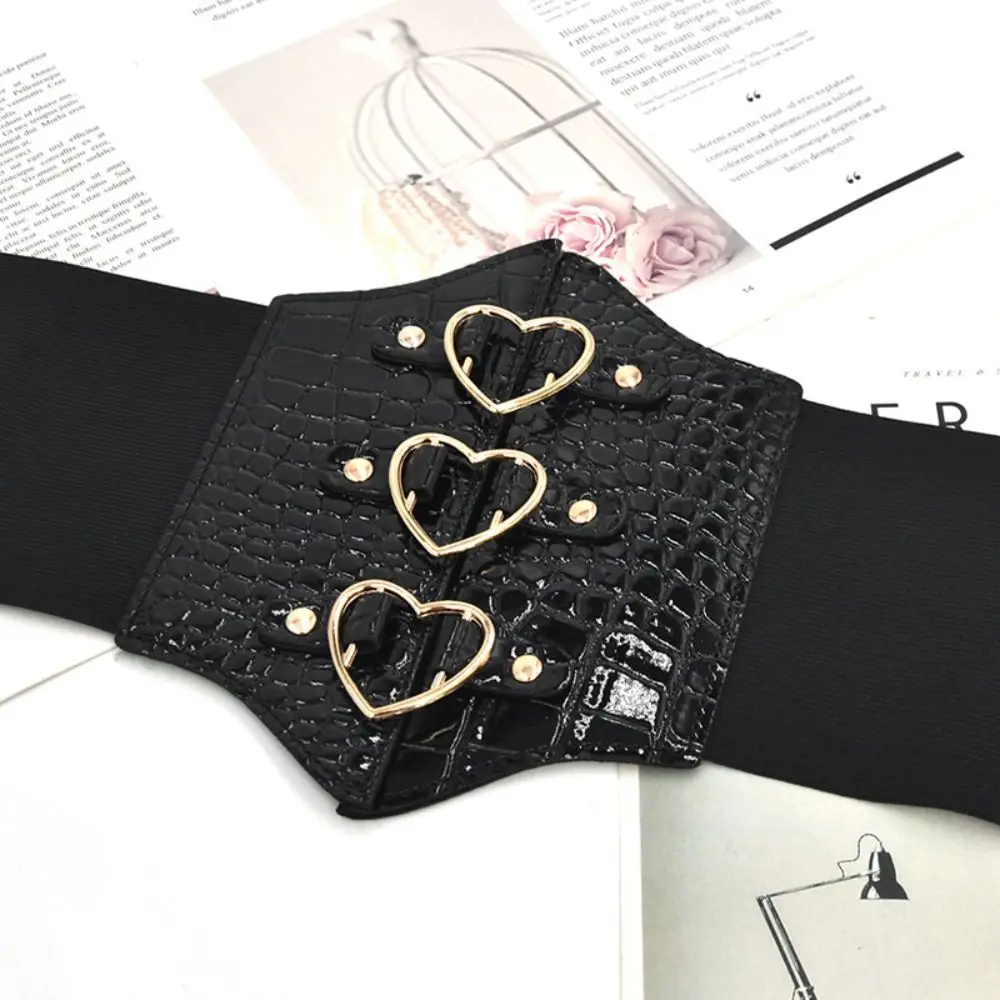 Personality PU Leather Love Buckle Cummerbunds High Waist Dress Girdle Female Waistband Elastic Wide Waist Belt Women