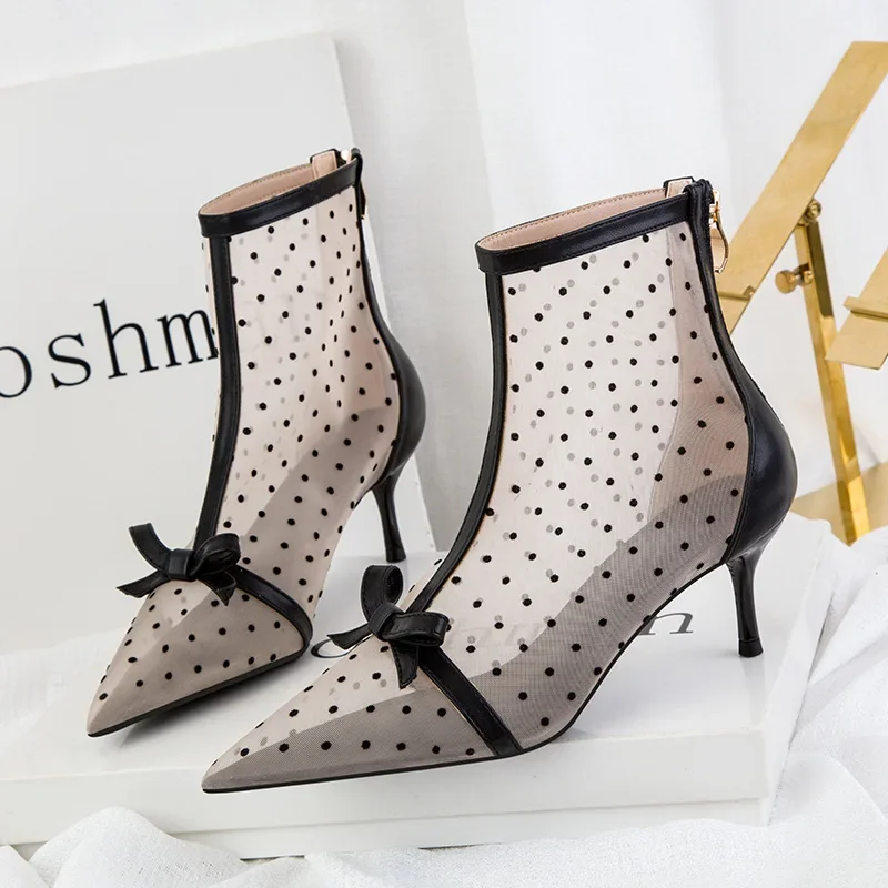 Women's Korean-Style Sexy Fashion Pointed Mesh Polka Dot Breathable Hollow Bow Stiletto Ankle Boot Party Summer Casual for Woman