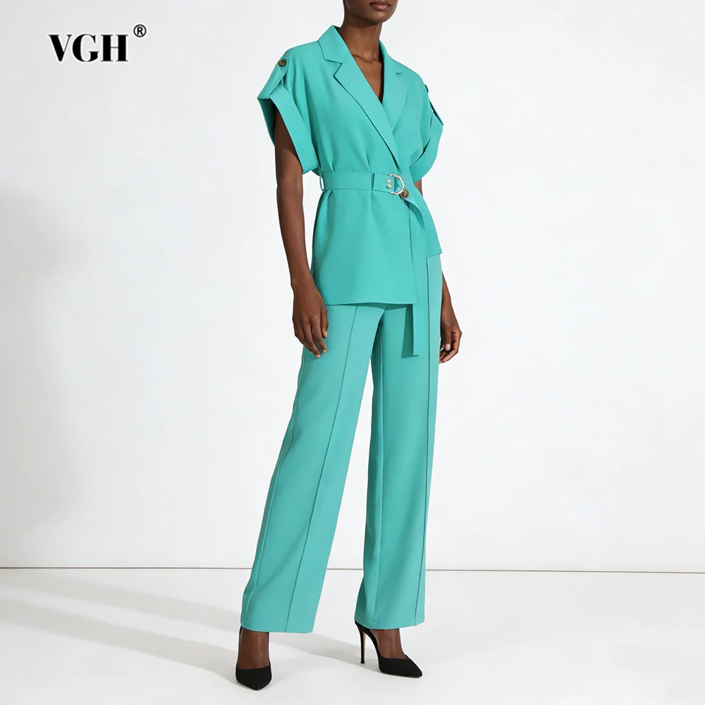

VGH однотонный дизайн Sense Trend комплекты из двух предметов для женщин с v-образным вырезом и коротким рукавом, топ с высокой талией, повседневный шикарный комплект, женская мода
