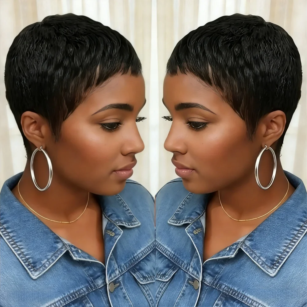 Short Human Hair Pixie Full Machine Made Wig Human Hair Short Pixie Cut Wigs for Women Natural Look for Daily Use and Parties