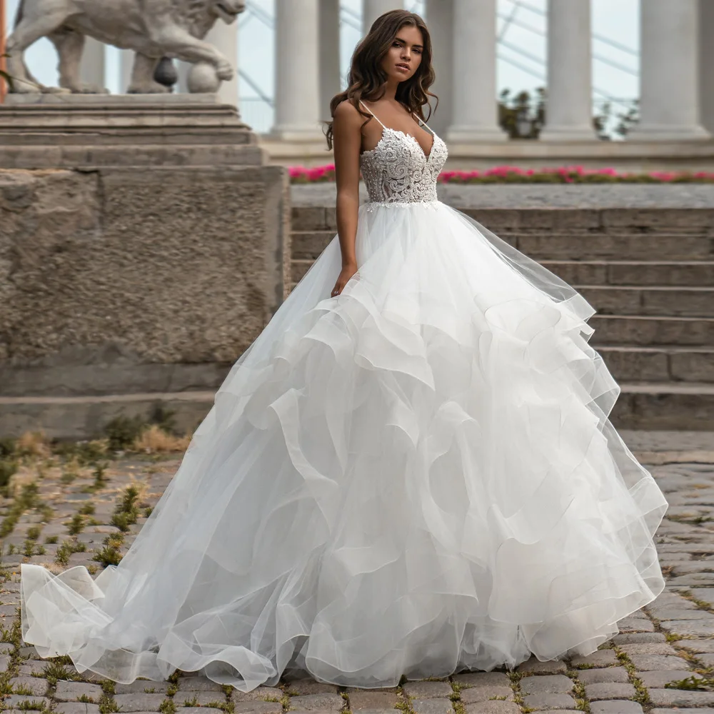 Robe de Mariée Sexy en Tulle avec Perles et Volants, Tenue de Bal avec Bretelles Spaghetti, pour Patients