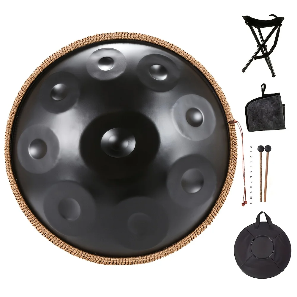 

18 Inch Double-Top Handpan Drum in D Minor, 432Hz 9-Tone Steel Tongue Drum with Rattan Frame, Soft Black Carrying Bag