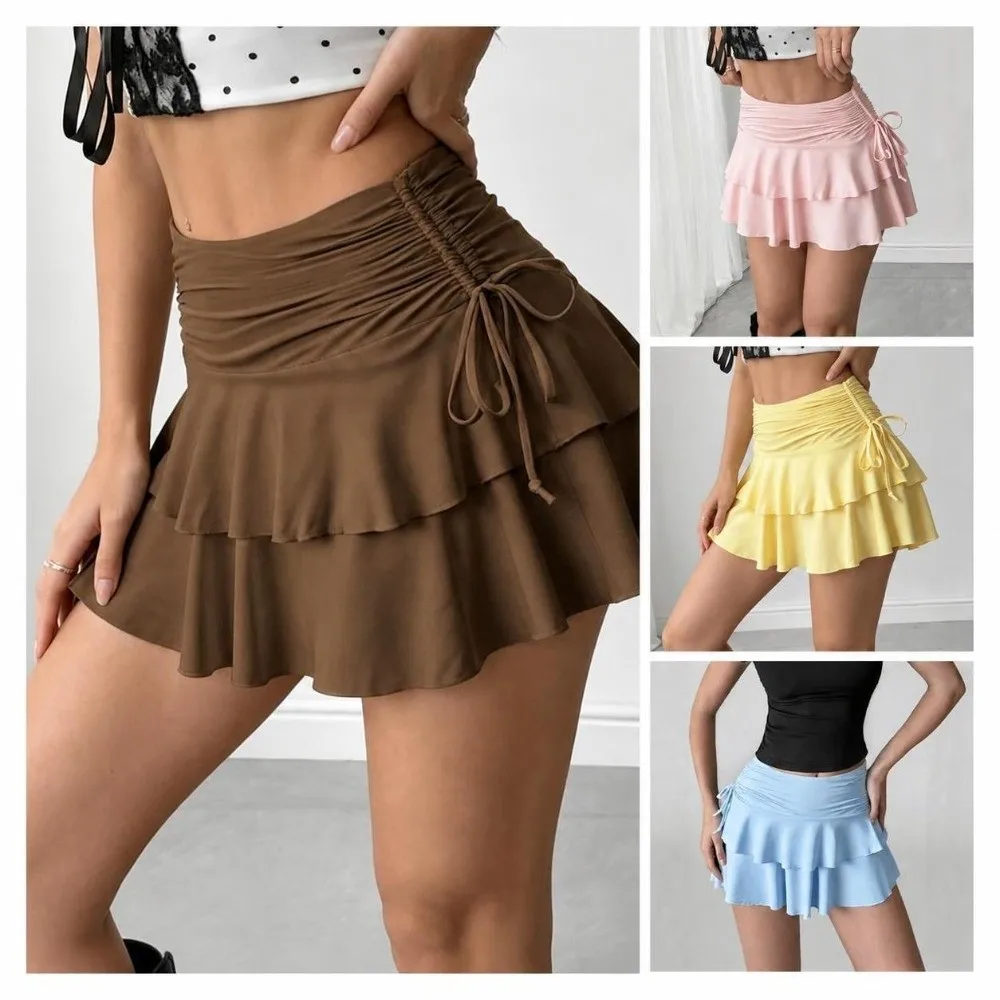 Fashion Sweet Short Skirt Slim Fit Solid Color Ruffle Cake Dress High Waist Pleated Mini Skirts Summer