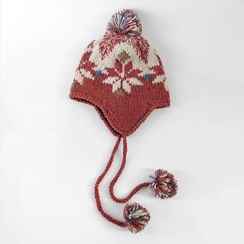 USPOP Autumn Winter Women Beanie Hats with pom poms Jacquard Lace-up Knitted Hat Warm Thickened Beanies with Earmuffs