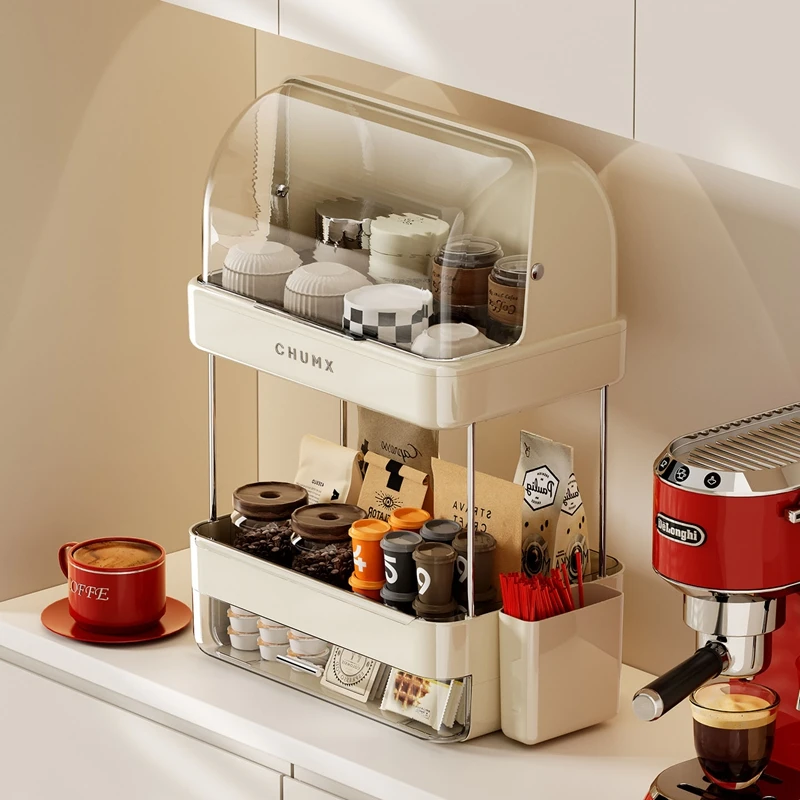 UFORU 360° Wrap-around Coffee Bar Storage Rack Dustproof Flip Lid Large Capacity Coffee Capsule Cup Organizer for Countertop