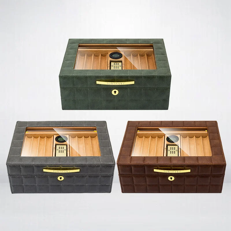 

LUBINSKI Leather Cedar Wood Cigar Box Humidor with Mini View Window Portable Travel Case Humidification System