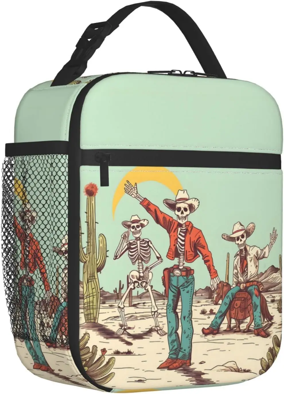 Western Desert Gothic Skeleton Insulated Bag for Student Goth Vintage Reusable Thermal Insulation Cooler Tote Bags for School