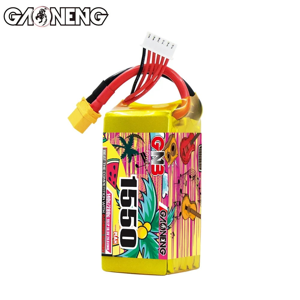 Batería de litio GAONENG GNB 5S 18.5V 1550mAh 140C con conector XT60, adecuada para drones FPV y cuadricópteros.