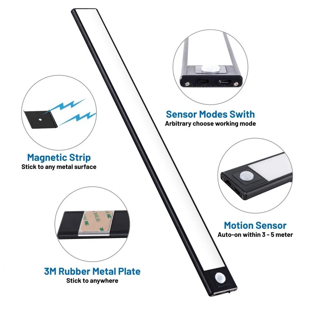 ไฟ LED ขนาด 20 ซม./40 ซม. ไฟกลางคืนใต้ตู้ ไฟเซ็นเซอร์ตรวจจับความเคลื่อนไหว ไฟกลางคืนสำหรับตู้เสื้อผ้า ไฟตู้ครัว ไฟแม่เหล็ก