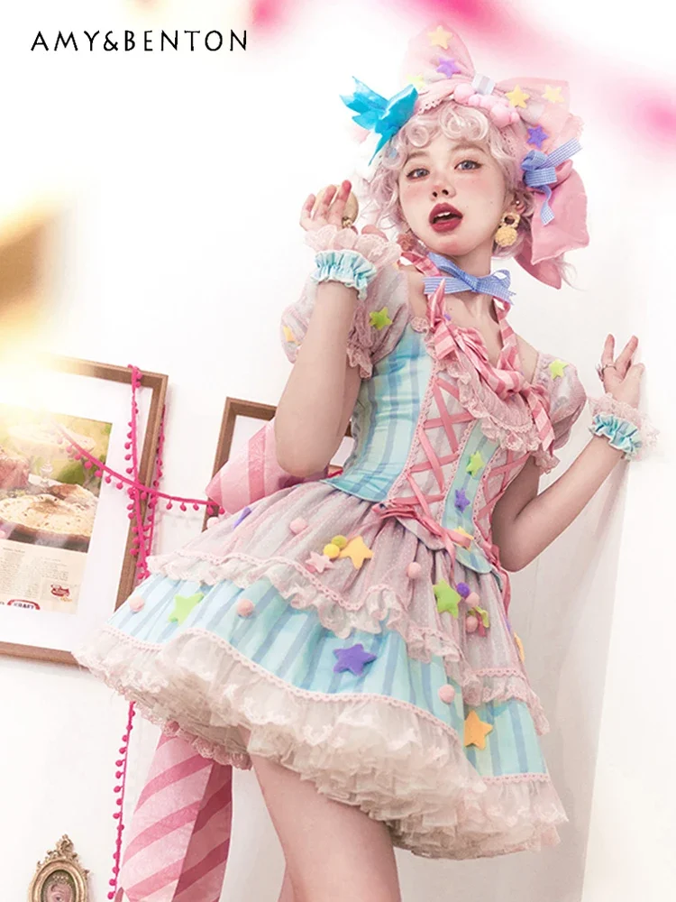 Sweet Dopamine Kawaii Print Princess Lolita Dress Strawberry Stars Bow OP Dress Women Cosplay Above Knee Birthday Y2k Dresses