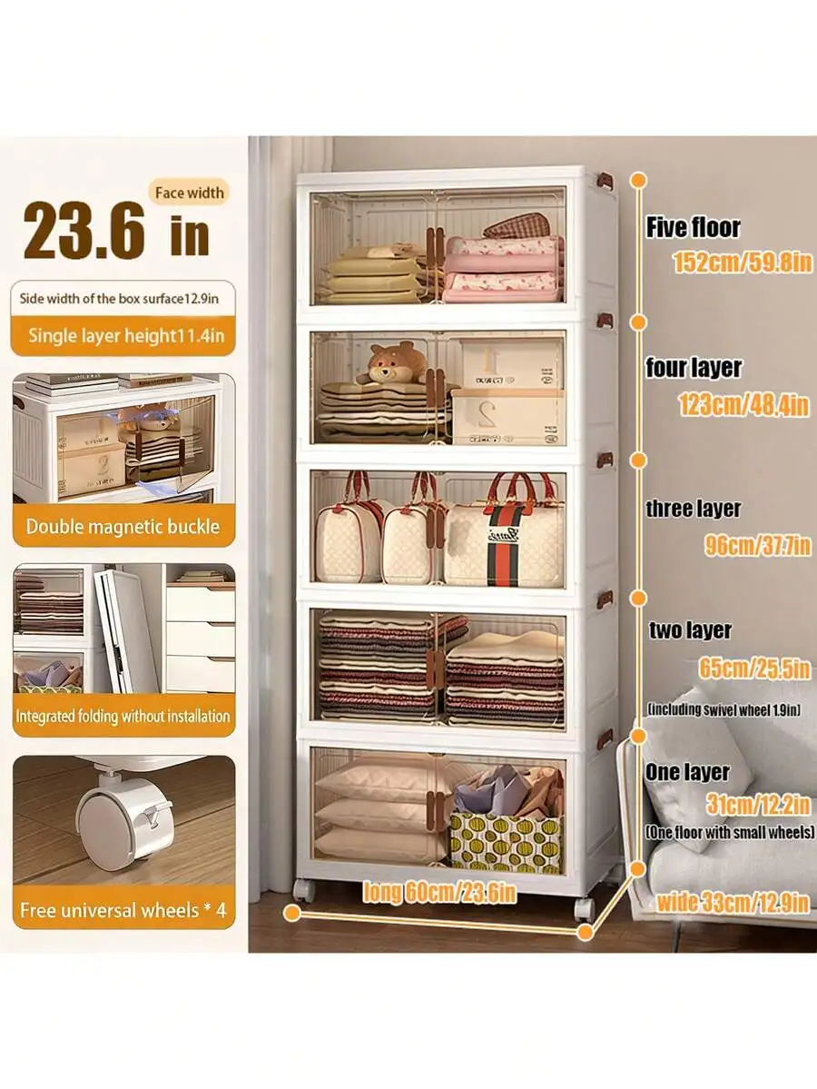 60CM-2/3/4/5 Layers Extended And Narrow Storage Cabinet With Transparent Door, Plastic Foldable Storage Box Suitable For Small S