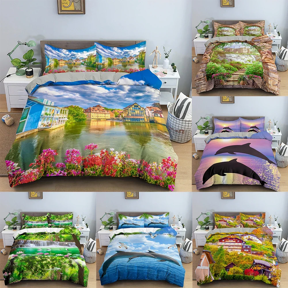 

Seaside Landscape Bedding Set Oil Artistic Duvet Cover With Pillowcase Adults Kids Queen King Sizes Creative Quilt Cover 2/3PCS