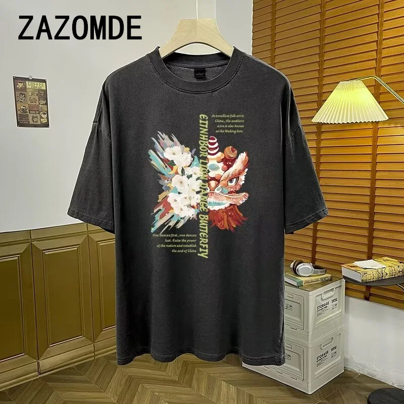 ZAZOMDE Vintage Flowers Lion Graphic Print T-shirt Gothic Men Tshirts Washed Short Sleeved Man Tops Round Neck General Tee