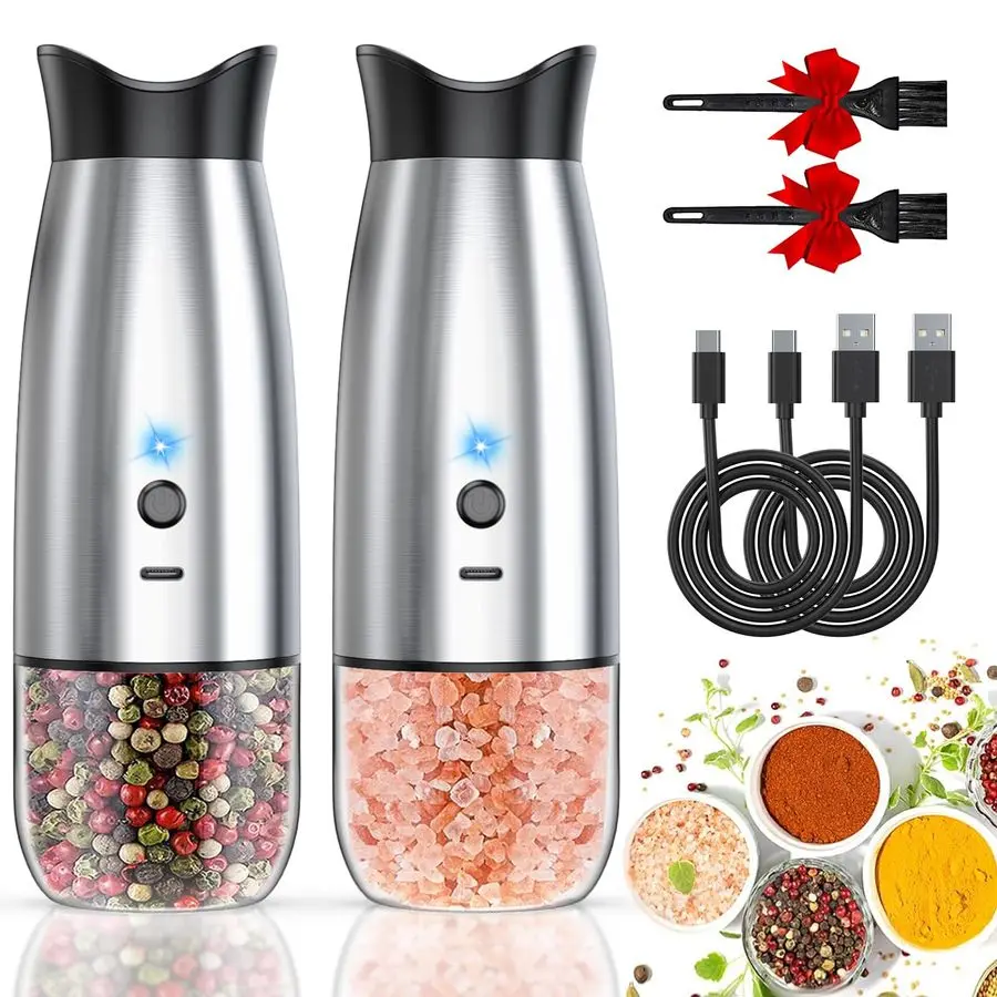 

Salt and Pepper Grinder Set, Rechargeable Automatic Pepper Mill Grinder with LED House Warming Gifts New Home, USB Adjustable Co