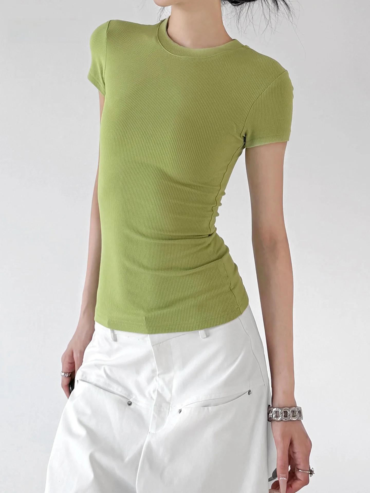 Korean Style round Neck Short Sleeve Slim Fit Women's T-shirt Summer New Arrival High Waist Control Versatile Tight Top