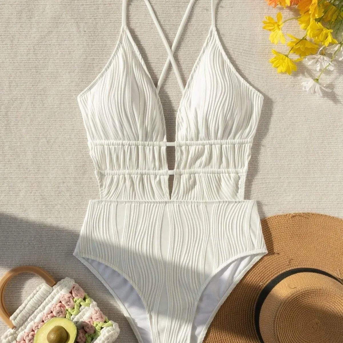 Costume da bagno sexy a costine Costume intero con scollo a V profondo Bikini Body con cravatta posteriore Costume da bagno a vita alta Costumi da bagno Biquini Tankini