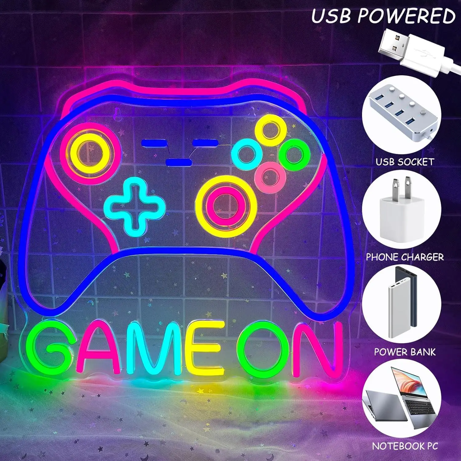 Gamer Neon Sign Colorful Gaming Controller Dimmable Gamepad Shaped Led Light Up Sign for Teens Boys Bedroom Men Caves Home Party