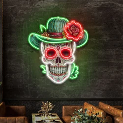 Skull Neon Sign UV Printed Hat Flower Skull ArtWoork Neon Mexican Food Restaurant Decor Skull Artwork Neon Home Bar Club Decor