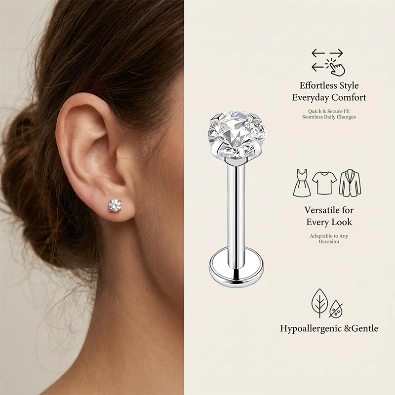 20G/18G/16G Surgical Stainless Steel Threadless Nose Septum Rings Tragus Labret Cartilage Lip Piercing Jewelry with Cubic Zircon view 3