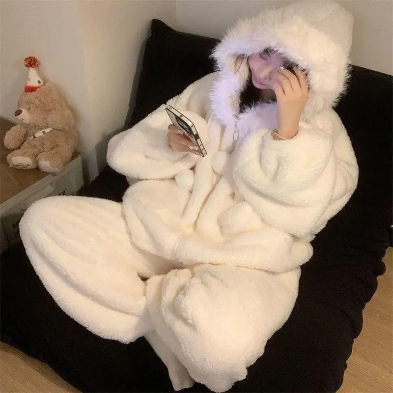 طقم بيجامة نسائي من الصوف المرجاني من Pjs بيجامة شتوية دافئة ملابس منزلية عصرية، طقم بيجامة لطيف وناعم #5