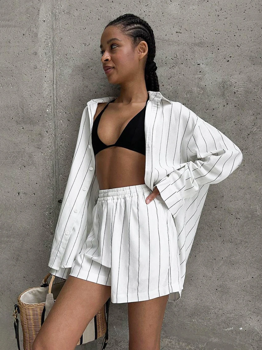 Marthaqiqi Striped Women Nightgowns Set Long Sleeve Pajama Turn-Down Collar Sleepwear Shorts Loose Ladies Nightwear 2 Piece Suit