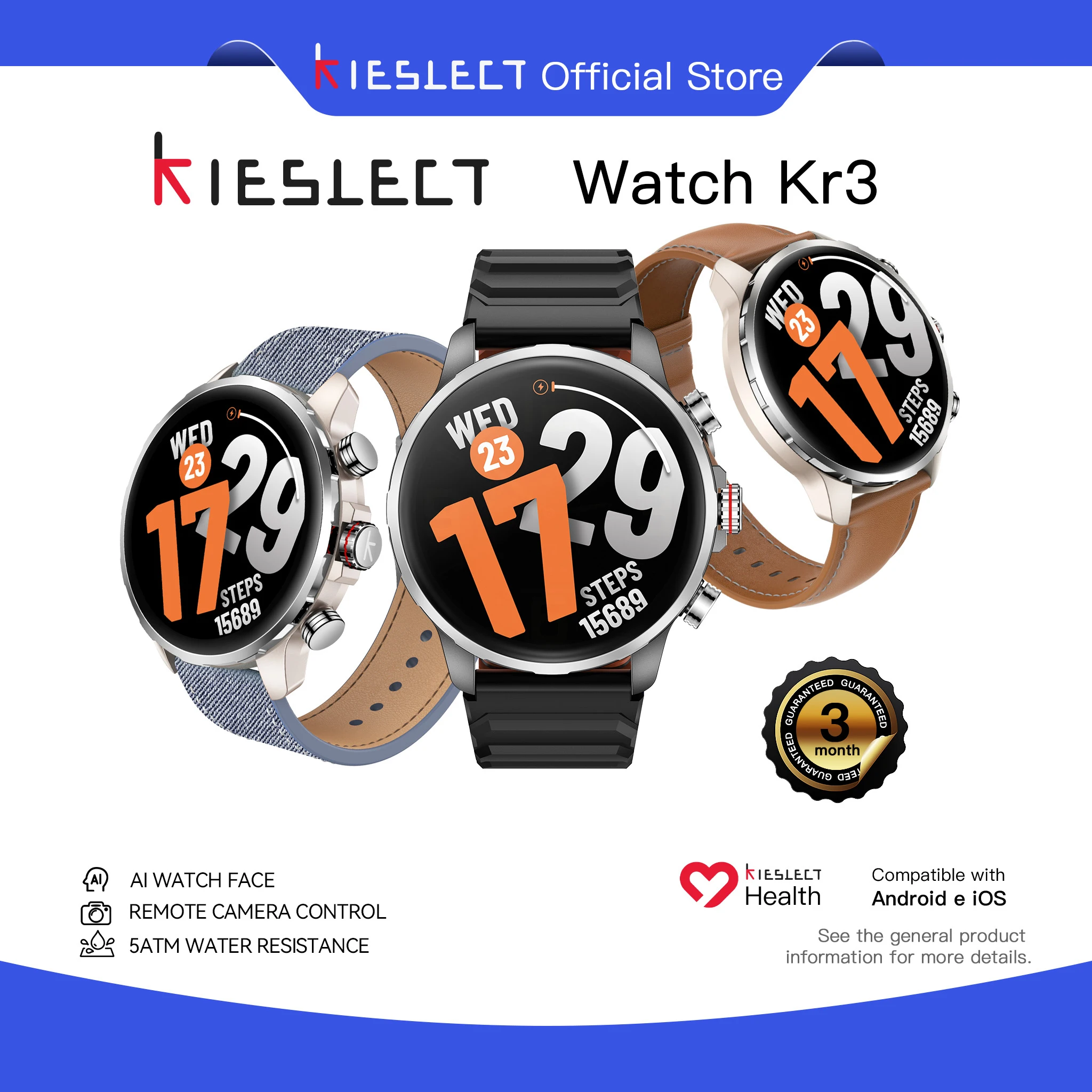 Kieslect Kr 3 reloj inteligente 1,5 "HD pantalla AMOLED 5ATM impermeable llamadas monitoreo de salud rastreador de ejercicios para Android iOS