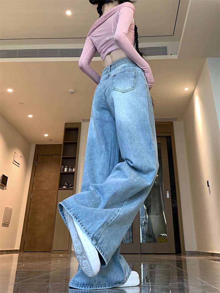 

Женские повседневные синие широкие брюки в стиле ретро, обычные джинсы, крутая уличная одежда с высокой талией для девочек, модные брюки, женские винтажные джинсовые брюки