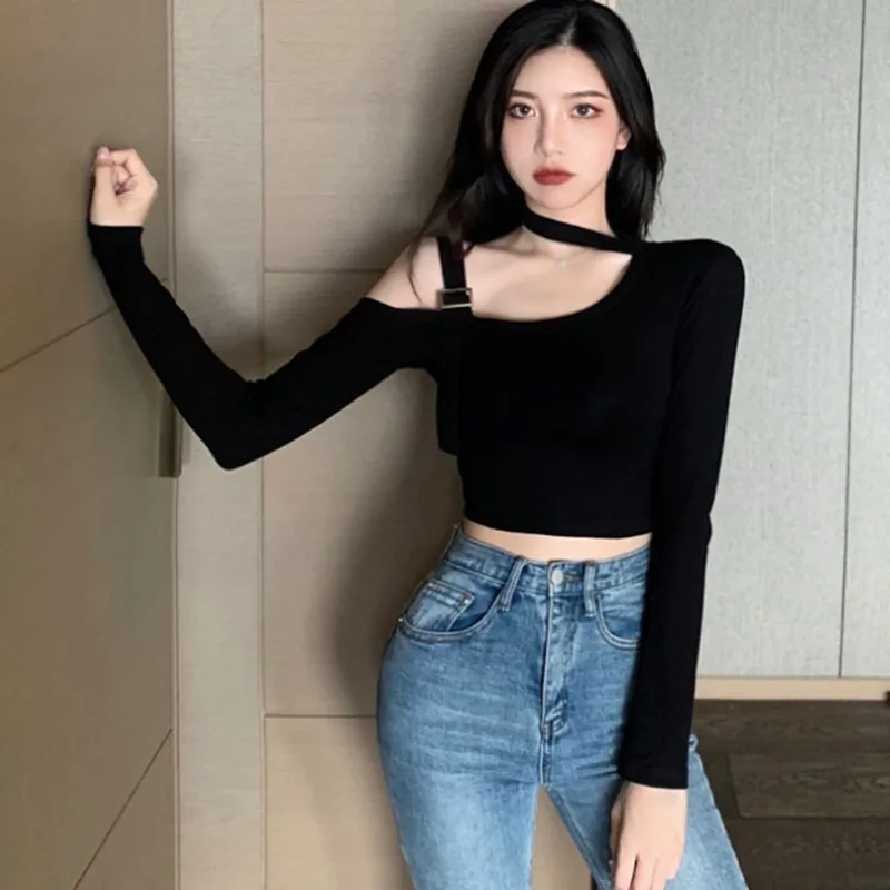 Sexy Fashion Korean Edition Irregular Hanging Neck Off Shoulder Sexy Slim Fit Off Navel Long sleeved T-shirt