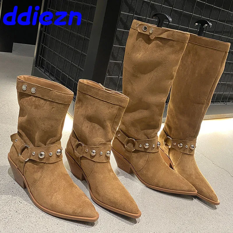 

Female Square Heels Footwear Fashion Flock Women Knee High Boots Pointed Toe Metal Button Ladies Modern Ankle Booties Shoes