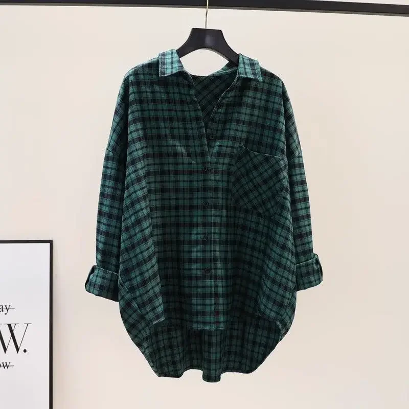 Preguiçoso solto grande versão moagem camisa xadrez verde para mulheres primavera outono vintage harajuku coreano camisa casual jaqueta cardigan