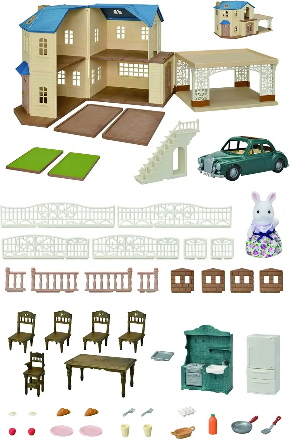 Large House with Carport Gift Set, Dollhouse Playset with Collectible Figure, Vehicle, Furniture and Accessories