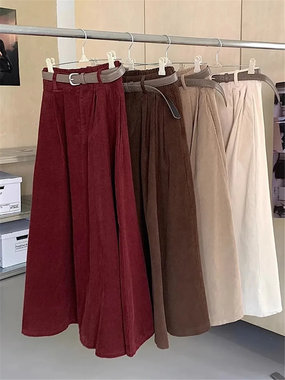 Vintage A-Line Women Corduroy Pleated Skirt Pockets Patchwork High Waist Long Skirt Korean Spring Winter Streetwear Autumn Retro