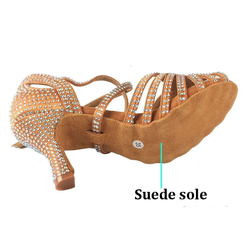 Wedopus Braune Satin-Stoff-Tanzschuhe für Damen, lateinamerikanische Strass-Tanzabsätze, Wildledersohle, individueller Absatz und Farbe