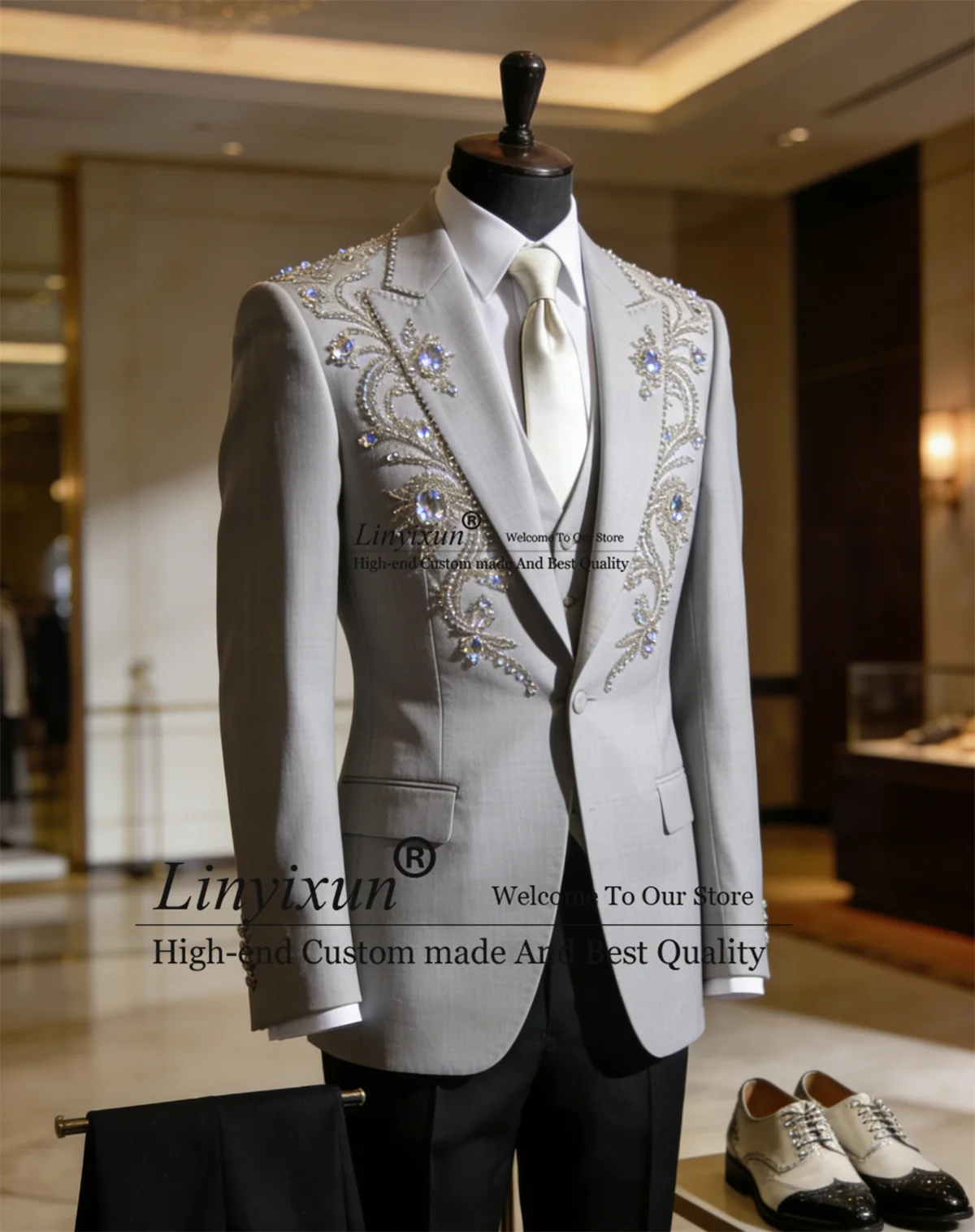 الفاخرة المعادن مزين الزي الرجال الدعاوى بلغت ذروتها التلبيب العريس البدلات الرسمية مخصصة الزفاف الحلل 3 قطع مجموعات ضئيلة ropa hombre #3