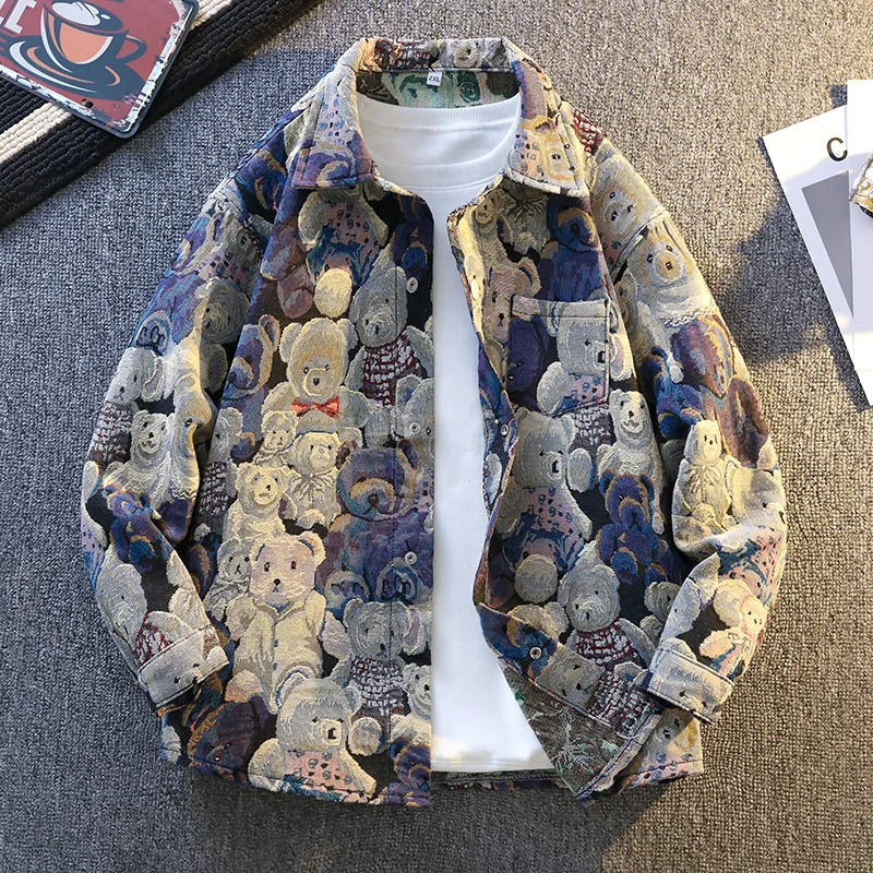 

Loose Trendy Brand Bear Denim Jacket Men's Large Size Jacquard Jacket Denim Clothes Men's Trendy