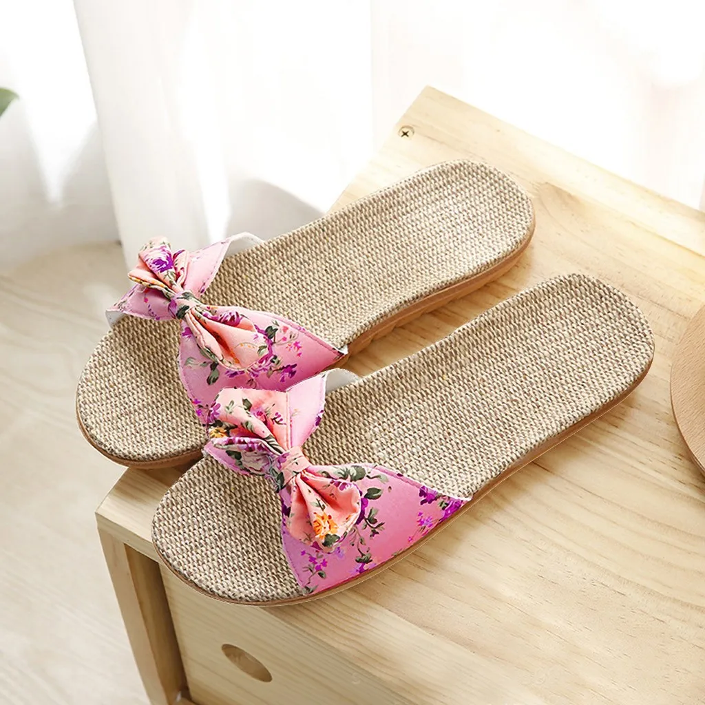 2024 Women Slippers Flip Flops Female Bowknot Sweet Shoes Flax Beach Linen Slippers Shower Quick Drying Leisure Ladies Slippers