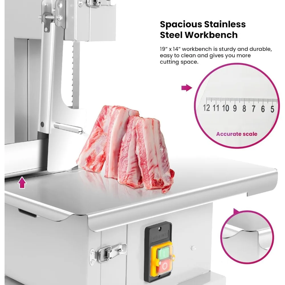 Gergaji Tulang Daging Listrik Baja Tahan Karat Kelas Komersial, Daya 1500W, Ketebalan Pemotongan 0.8-7.1 Inci, Ideal untuk Pemotongan Daging dan H