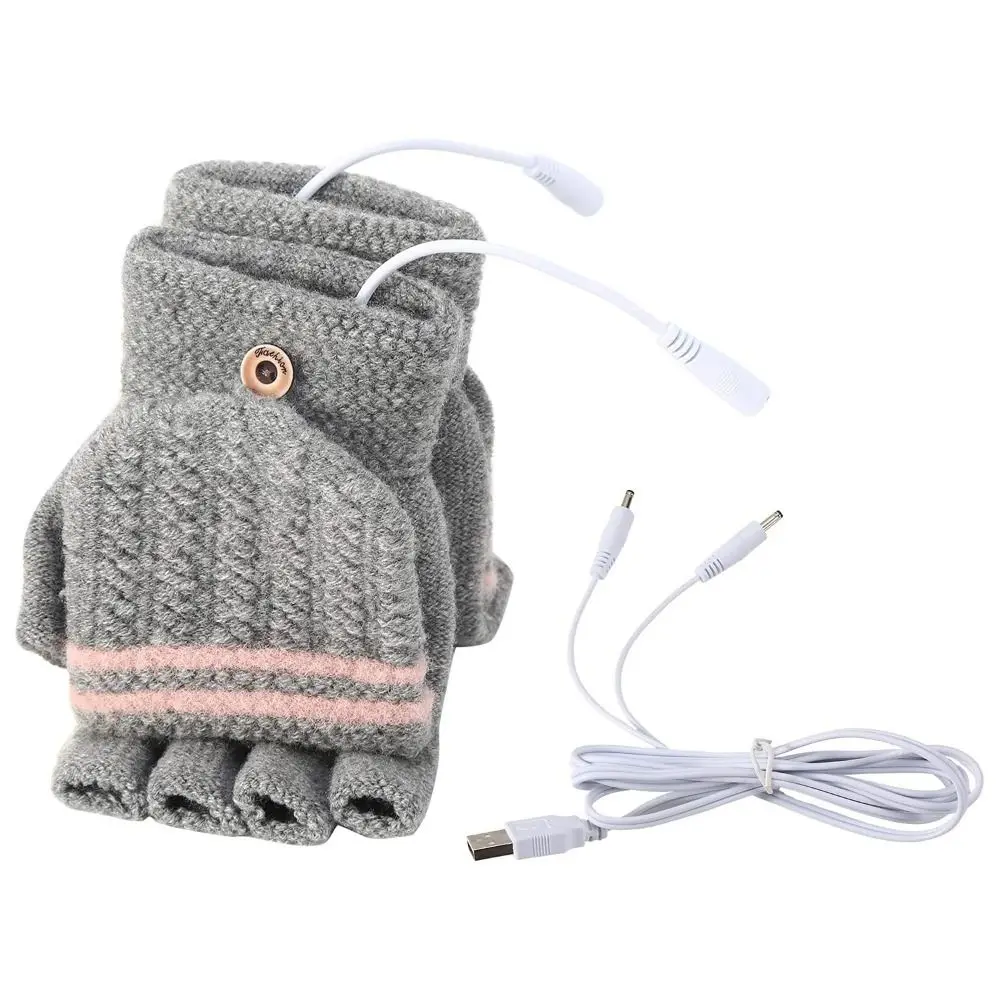 Gift Thermal Winter Heated Gloves Half Finger Warm Electric Heated Gloves Stripe Soft USB Heating Gloves for Men Women