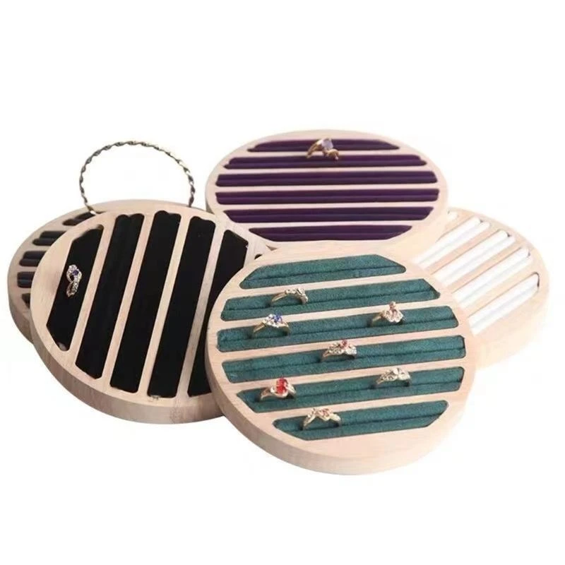 

H7EB Vintage Round Wooden Jewelry Holder Tray Practical Rings Storage Holder For Ring Bracelet Earring Showcase