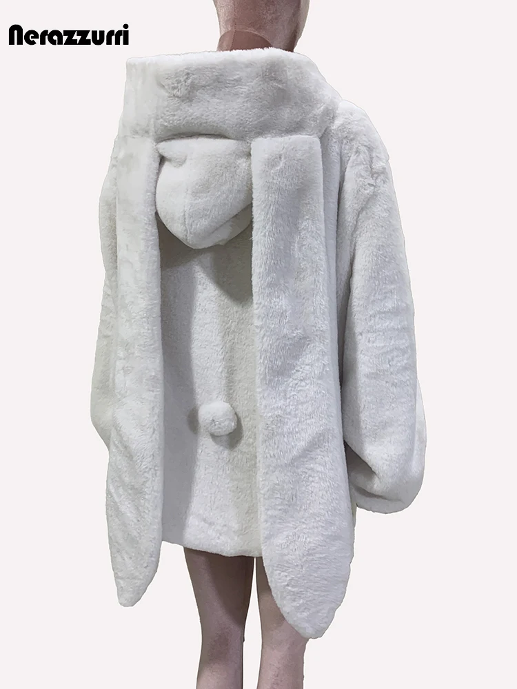 nerazzurri Autumn Winter Cute Sweet White Warm Soft Faux Fur Coat Hoodie Women with Bunny Ears Horn Buttons Fluffy Jacket 2024