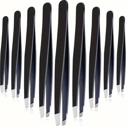 12Pcs Hair Removal Tweezers Stainless Steel Eyebrow Tweezers Slanted Black Tip Point Face Harmless Makeup Beauty Tool Black