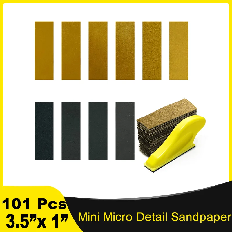 

3.5”x 1” Mini Micro Detail Sanding Paper 101 Pcs Assorted Grit 60-2000 with for Craft Wood and Small Space Polish Sanding Works