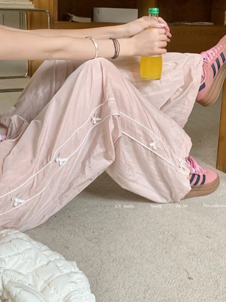 Houzhou rosa süße y2k Fallschirm hose Frauen koreanischen Stil Coquette Baggy Jogger Bogen Harajuku Kawaii niedlich breite Hose lässig