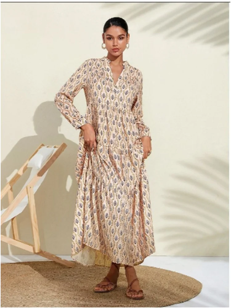 

Autumn Loose Dresses V-Neck Printed Long Sleeve Dress Women's Elegant Vacation Party Dress Robe