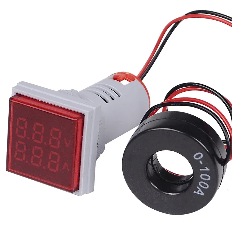 Mini Digitale Voltmeter Ampèremeter 22mm Vierkant AC 20-500V 0-100A Amp Volt Voltage Tester Meter Dual LED Indicator Pilot Lamp Licht