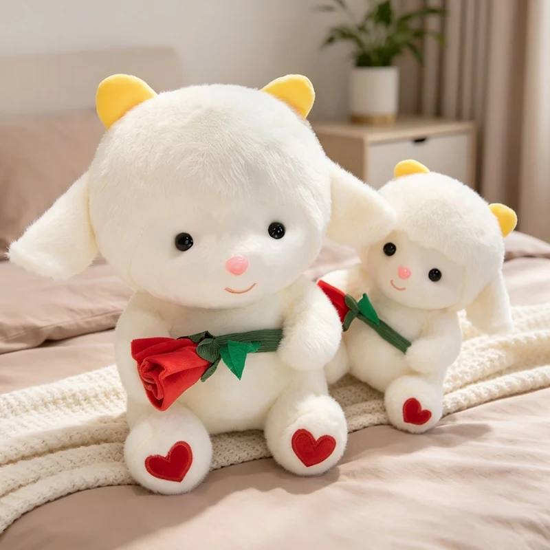 Cute White Lamb Plush Doll With Red Rose Soft Fluffy Sheep Stuffed Toy Valentine Birthday Gift Girls Bedroom Sofa Decor